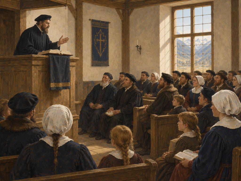 An artist's impression of a Reformation-era congregation studying scripture around a plain wooden table.