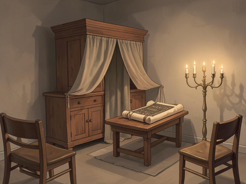 A congregation room with a wooden ark cabinet and draped curtain, a Torah scroll on a reading table and a seven-branched menorah.