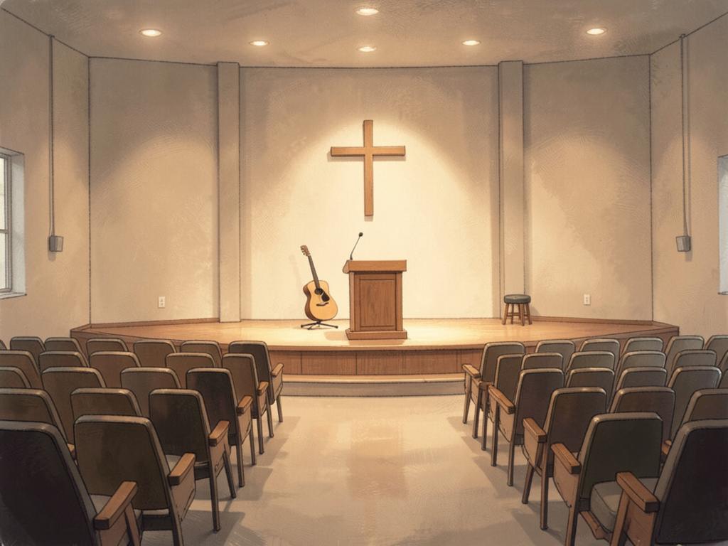 A modern church auditorium with rows of simple chairs, a low stage with a wooden lectern and a plain cross on the wall.