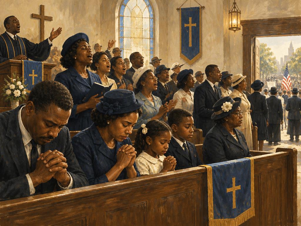 An artist's impression of a riverside believer's baptism witnessed by a gathered congregation.