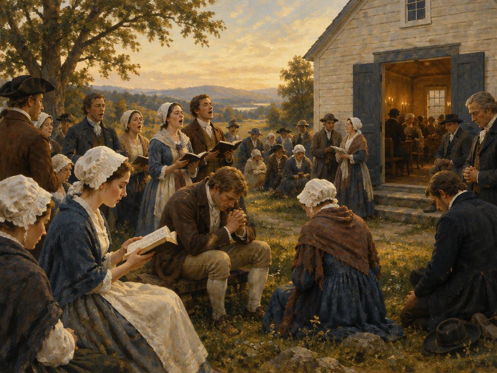 An artist's impression of an eighteenth-century open-air revival with listeners gathered around a preacher.
