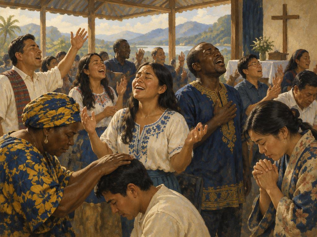An artist's impression of a contemporary global congregation praying with raised hands.