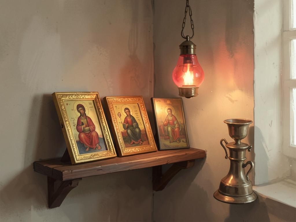 Gilded Orthodox icons on a small wooden shelf in the corner of a room with a red oil lamp burning.