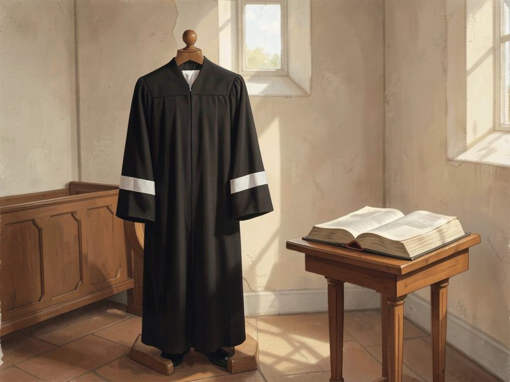 A black Geneva preaching gown with white preaching bands hanging on a stand in a plain vestry.