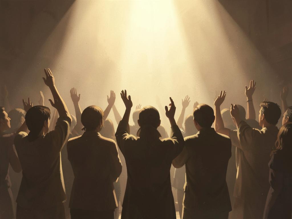 Silhouetted congregation with hands raised in worship in warm golden light.