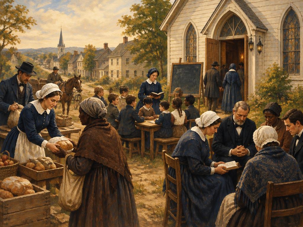 An artist's impression of a Methodist field meeting with preachers and working families.