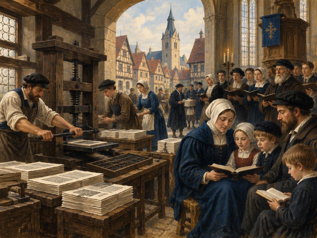 An artist's impression of townspeople reading Reformation writings near a church door.