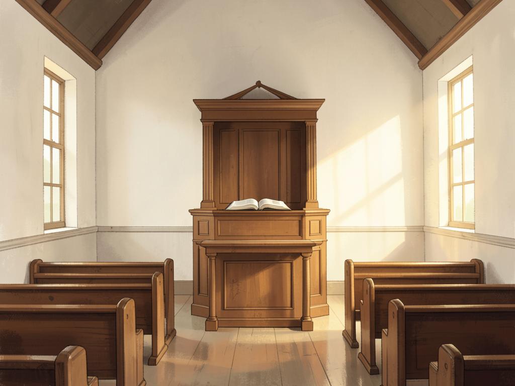 A plain meeting house interior with a high wooden pulpit holding an open Bible, whitewashed walls and wooden pews.