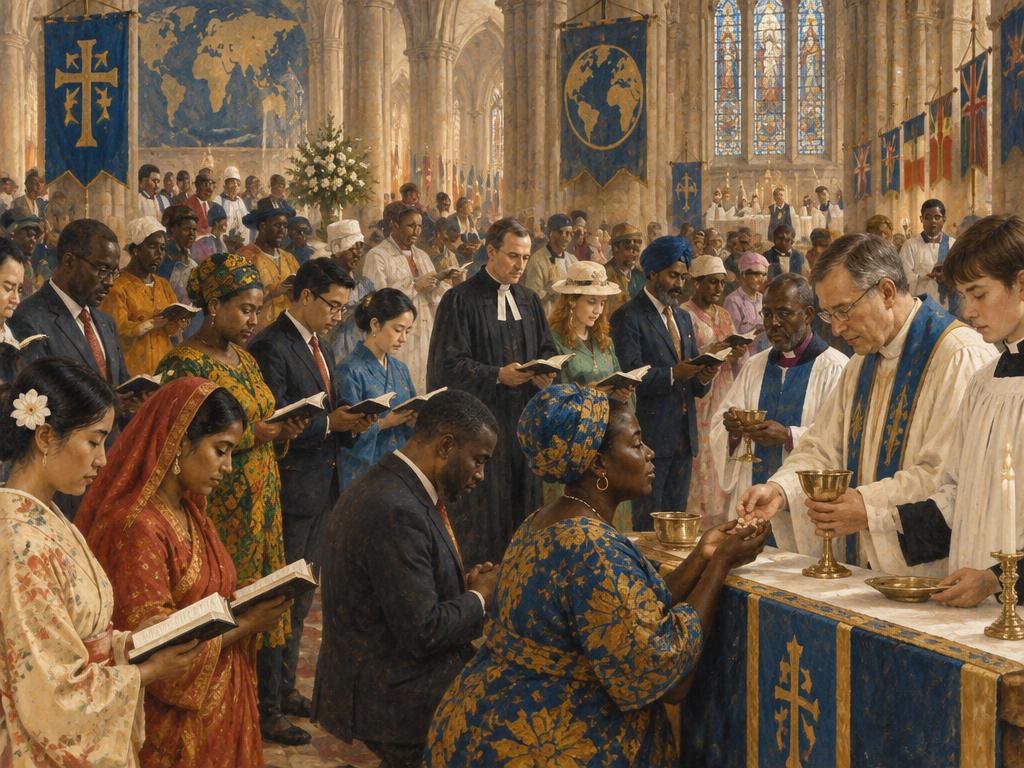 An artist's impression of Anglican bishops from many nations gathered in fellowship.