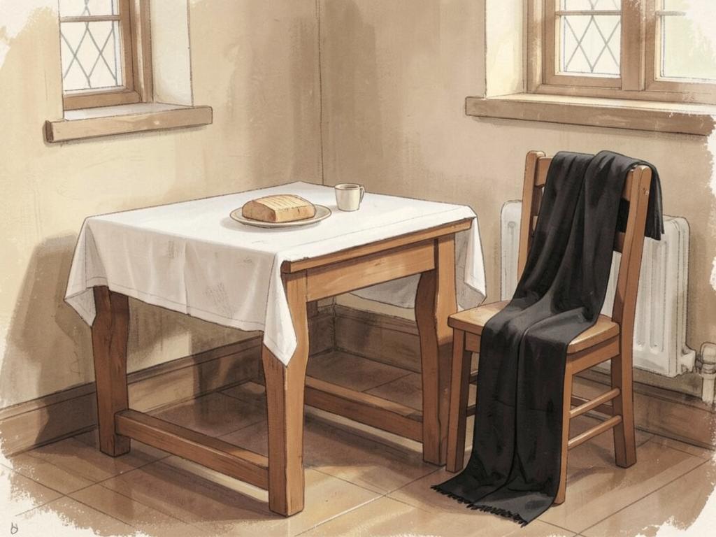 A simple wooden communion table with a white cloth, a plate of bread and a small cup, a black preaching scarf on a chair beside it.