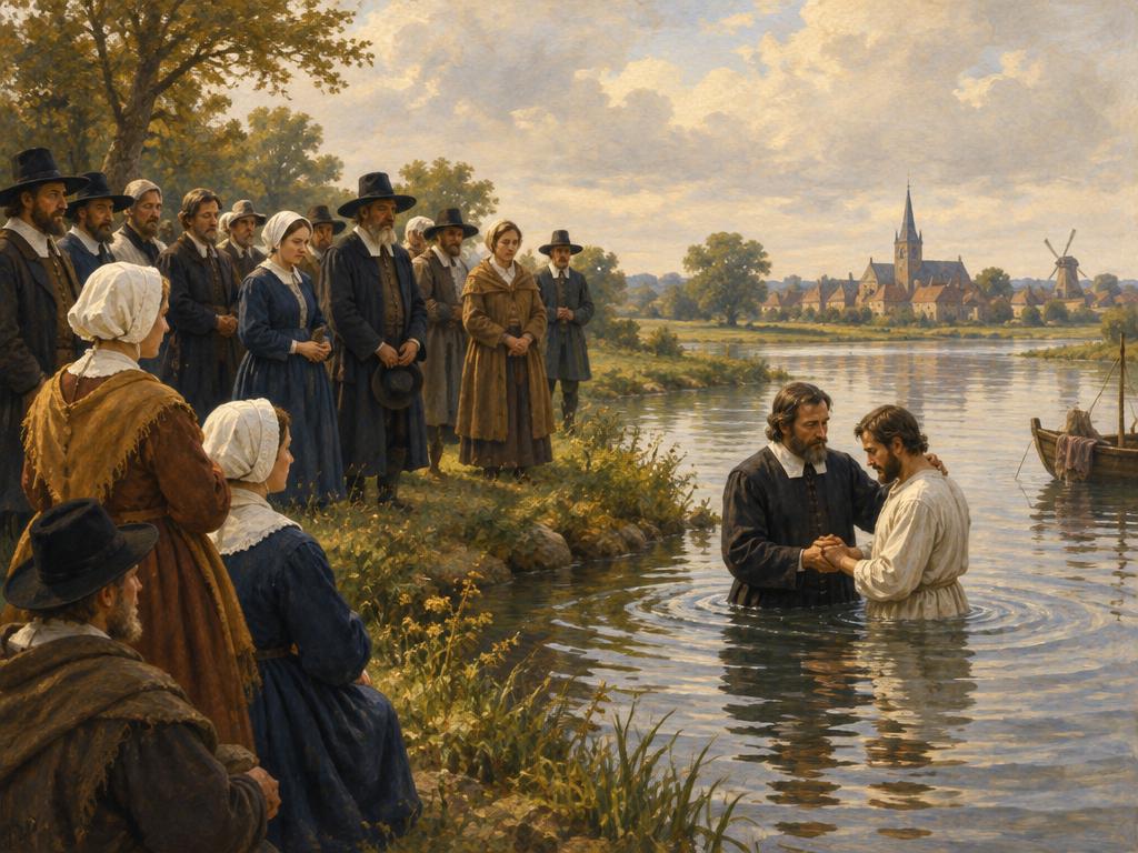 An artist's impression of an early Baptist congregation meeting quietly in a seventeenth-century home.