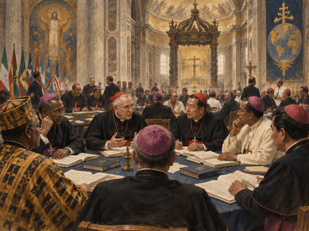 An artist's impression of bishops and lay observers gathered during the Second Vatican Council.