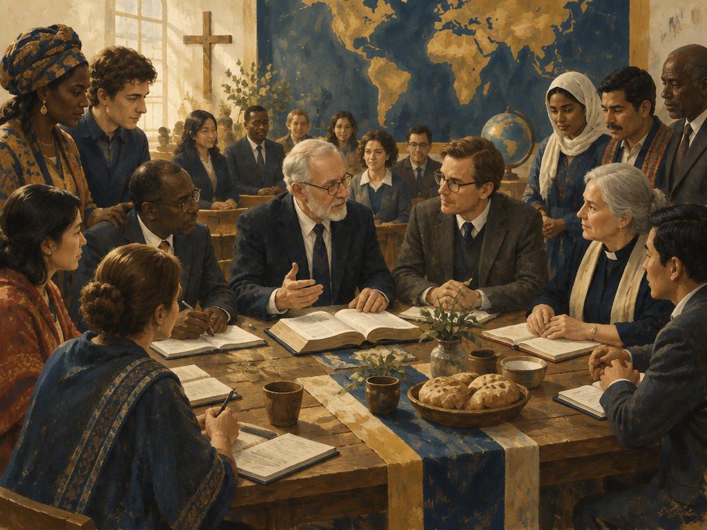 An artist's impression of elders gathered in a church assembly for prayer and deliberation.