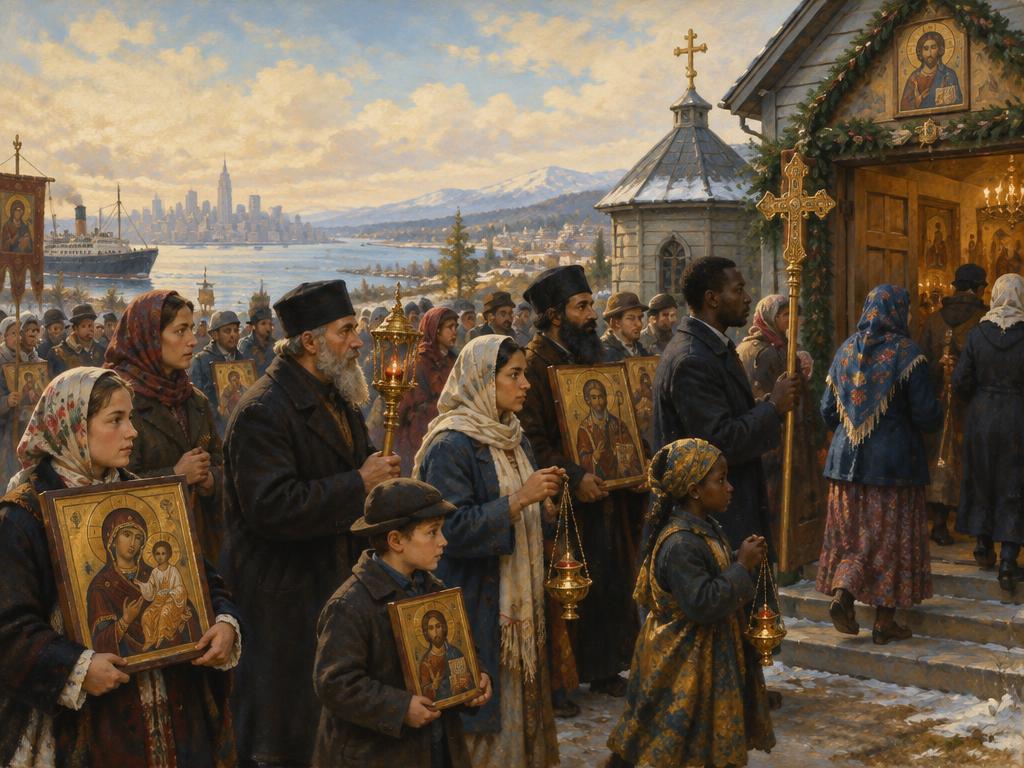 An artist's impression of an Orthodox congregation preserving worship after the fall of Constantinople.