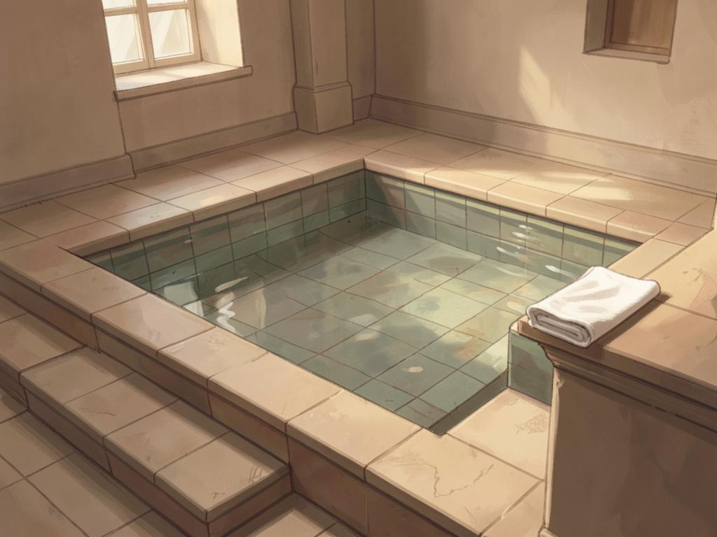 A tiled baptistry pool of still water set into a church platform with steps leading down into it.