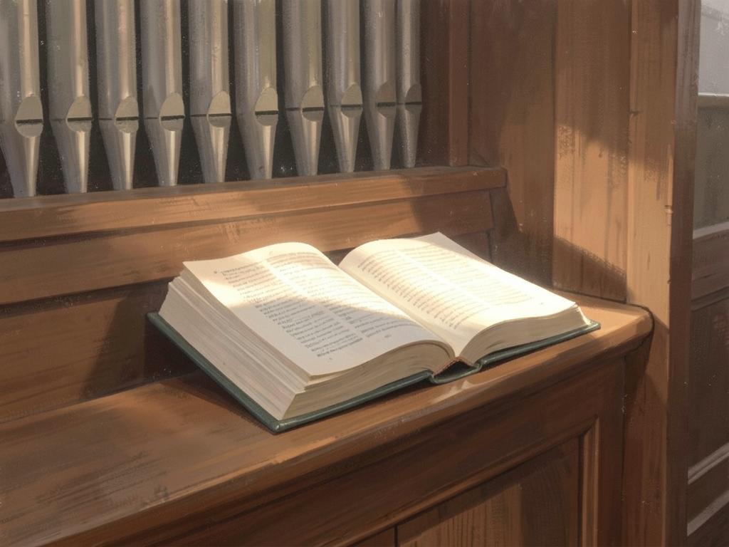 An open hymn book on a pew ledge in warm afternoon light.