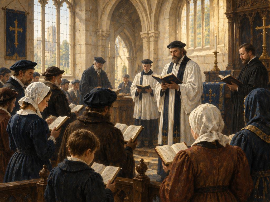An artist's impression of an English congregation hearing the first Book of Common Prayer.