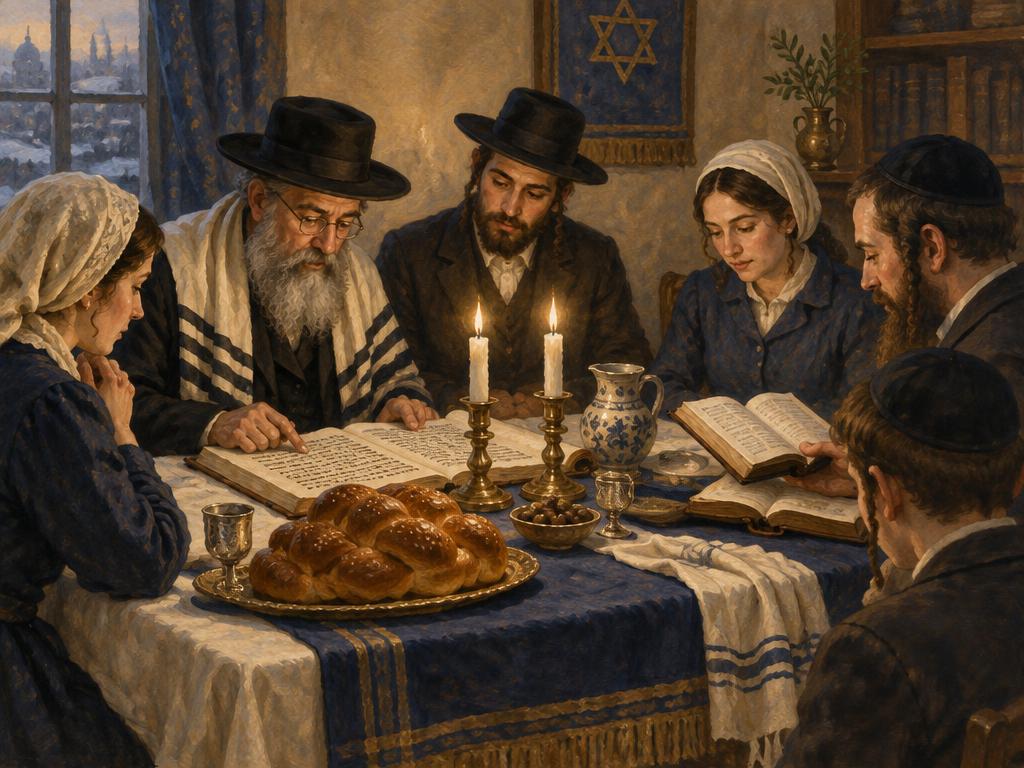 An artist's impression of first-century Jewish followers of Jesus gathered for prayer and scripture.