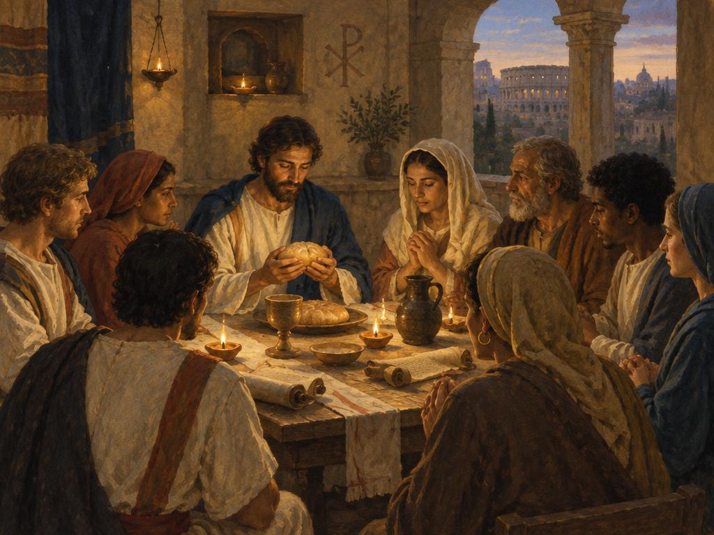 An artist's impression of an early Christian community gathering around scripture and bread.