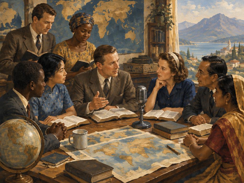 An artist's impression of a twentieth-century informal church gathering centred on music and scripture.