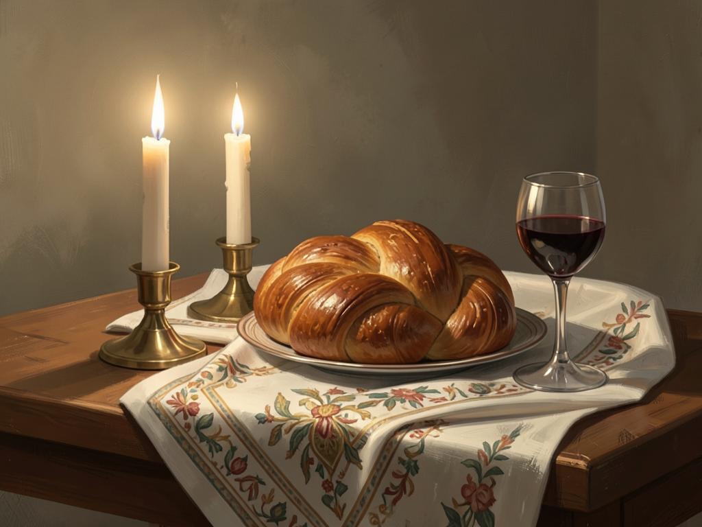 A Shabbat table with two lit candles in brass holders, a braided challah loaf under an embroidered cloth and a cup of wine.