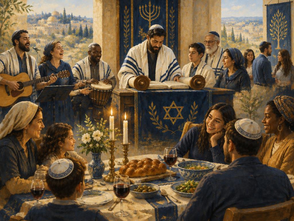 An artist's impression of a modern Messianic congregation observing Shabbat with candles and scripture.