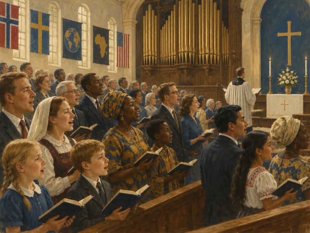 An artist's impression of families reading a vernacular Bible together.