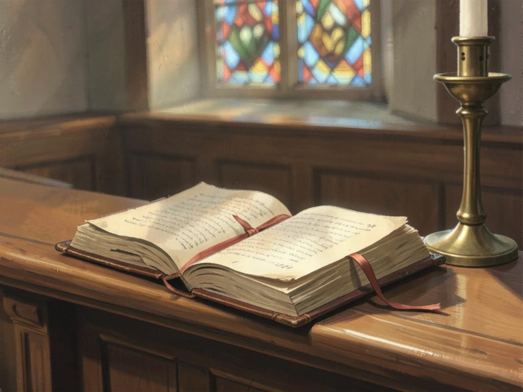 An old leather-bound prayer book lying open on a wooden choir stall with a ribbon marker.