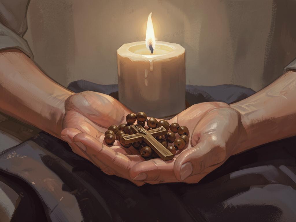 A wooden rosary with a small crucifix resting in open hands beside a lit candle.